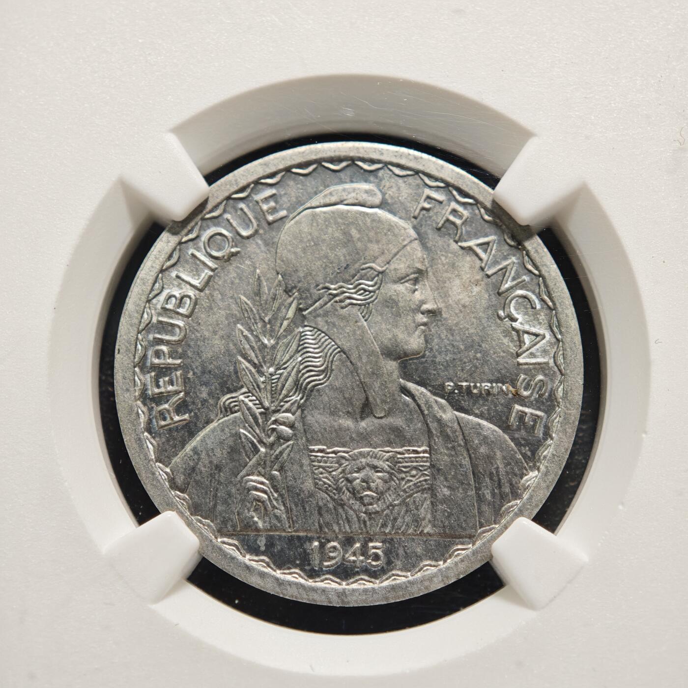 【德藏】世界币章拍卖第159期(元旦专场拍卖) 1945年 法属印度支那20分铝币 NGC MS64 状态极佳