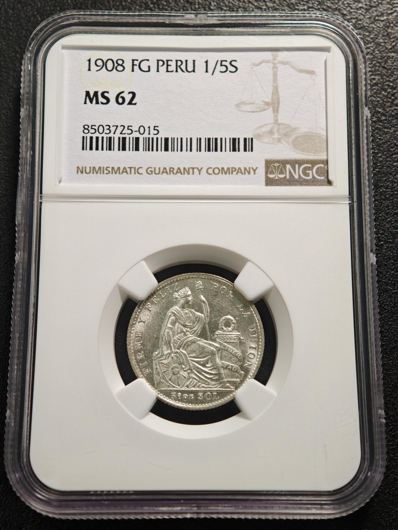【德藏】世界币章拍卖第159期(元旦专场拍卖) 1908年 秘鲁1/5索尔银币 NGC MS62 状态极佳 原光十足