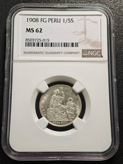 【德藏】世界币章拍卖第159期(元旦专场拍卖) - 1908年 秘鲁1/5索尔银币 NGC MS62 状态极佳 原光十足
