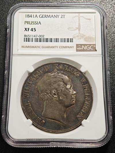 【德藏】世界币章拍卖第159期(元旦专场拍卖) - 1841年 德国普鲁士威廉四世2泰勒大银币 NGC XF45 原味老包浆 状态极佳