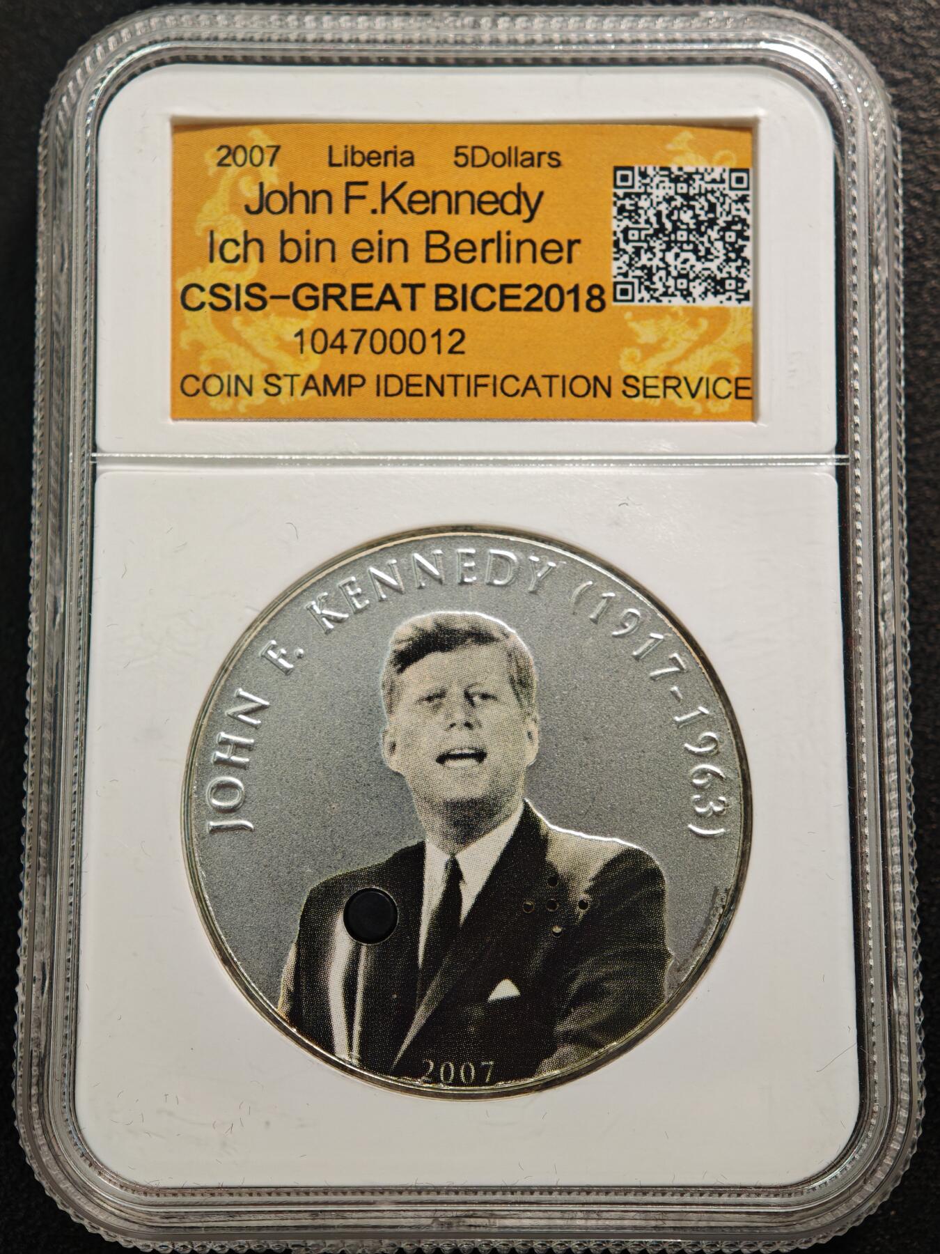 【德藏】世界币章拍卖第159期(元旦专场拍卖) 2007年 利比里亚肯尼迪5元彩色镀银纪念币 (看正面币内有按钮及发声单元)