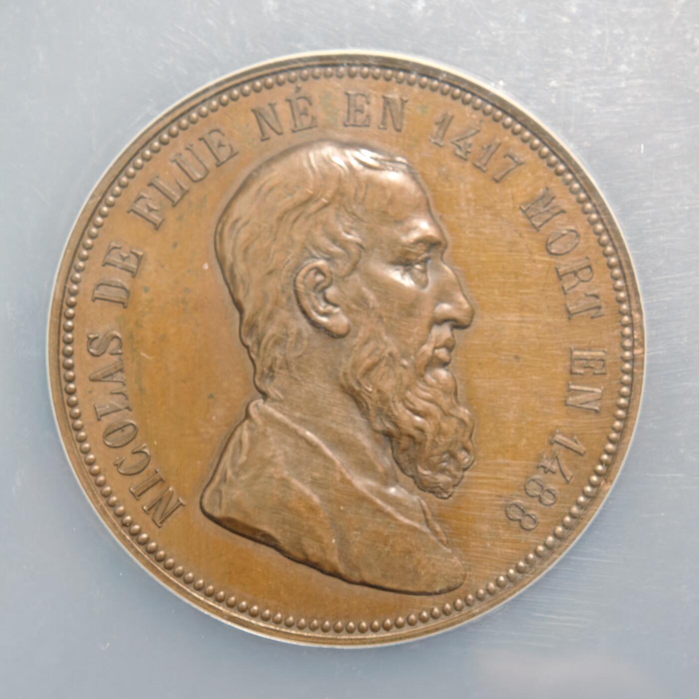 【德藏】世界币章拍卖第159期(元旦专场拍卖) 1881年 瑞士弗莱堡和索洛图恩与瑞士联邦400周年纪念三女神大铜章 NGC MS63BN 包浆温润 人物刻画传神