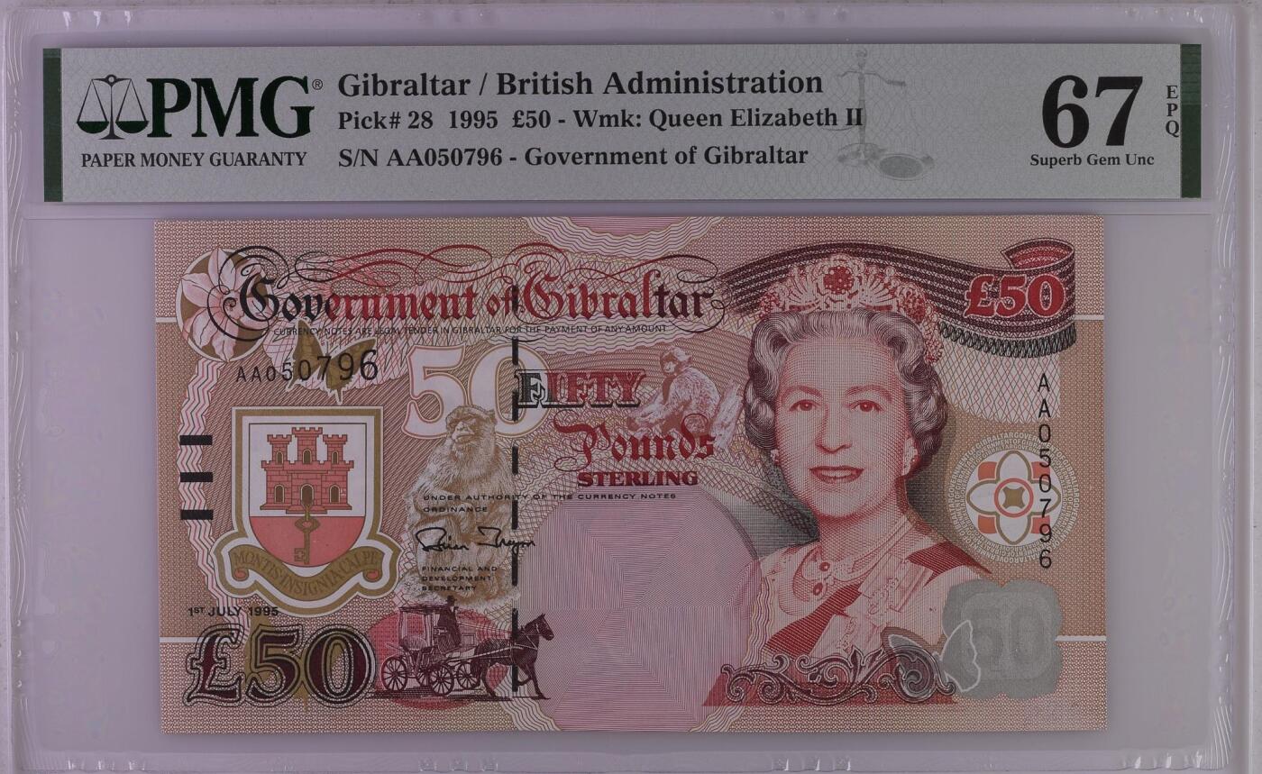 🐍甜小邱世界纸币收藏🐍第138期精品场💐 亚军分！AA首发冠 PMG67 直布罗陀 50镑 丘吉尔 1995