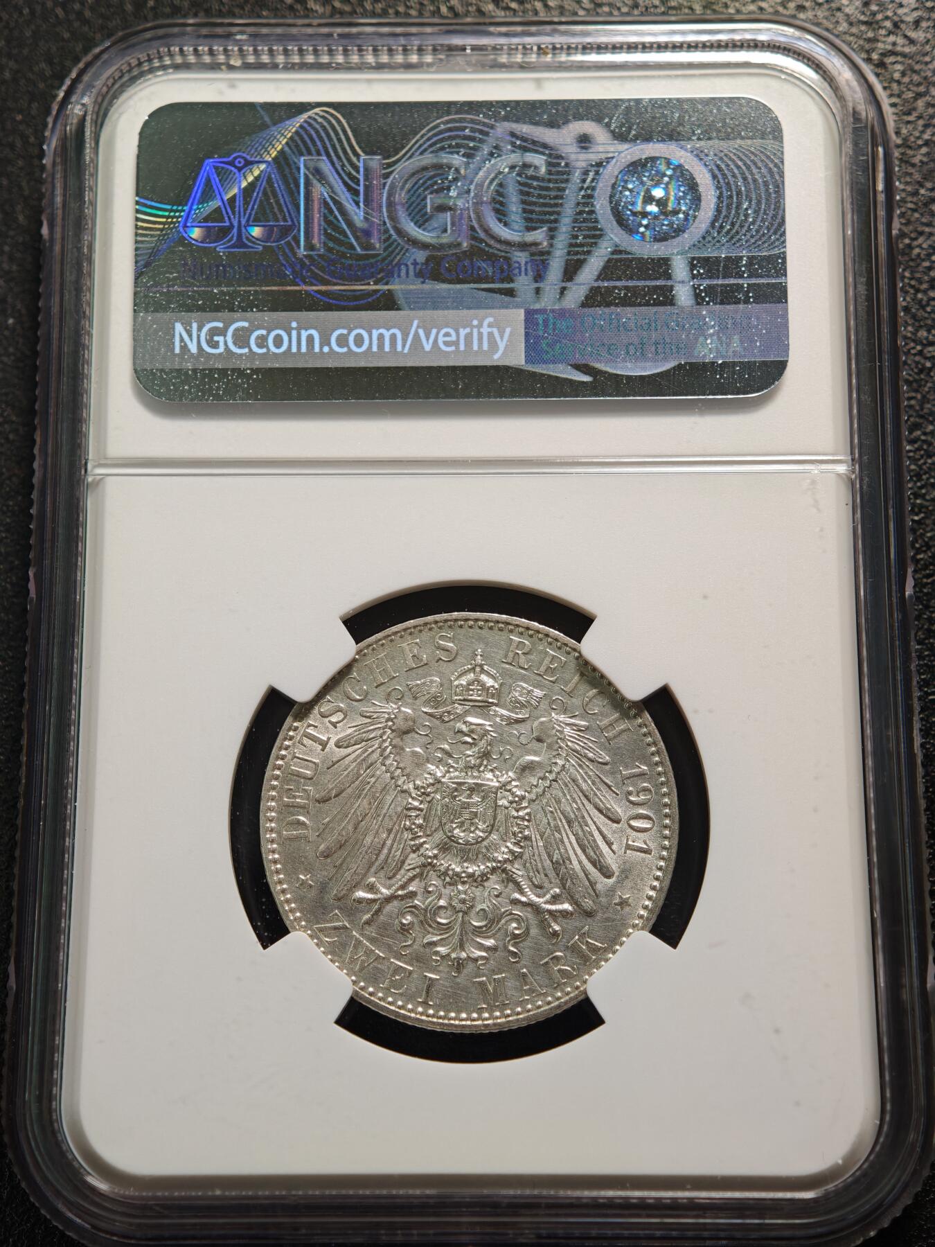 【德藏】世界币章拍卖第159期(元旦专场拍卖) 1901年 德国普鲁士建国200周年2马克银币 NGC UNC 未流通状态