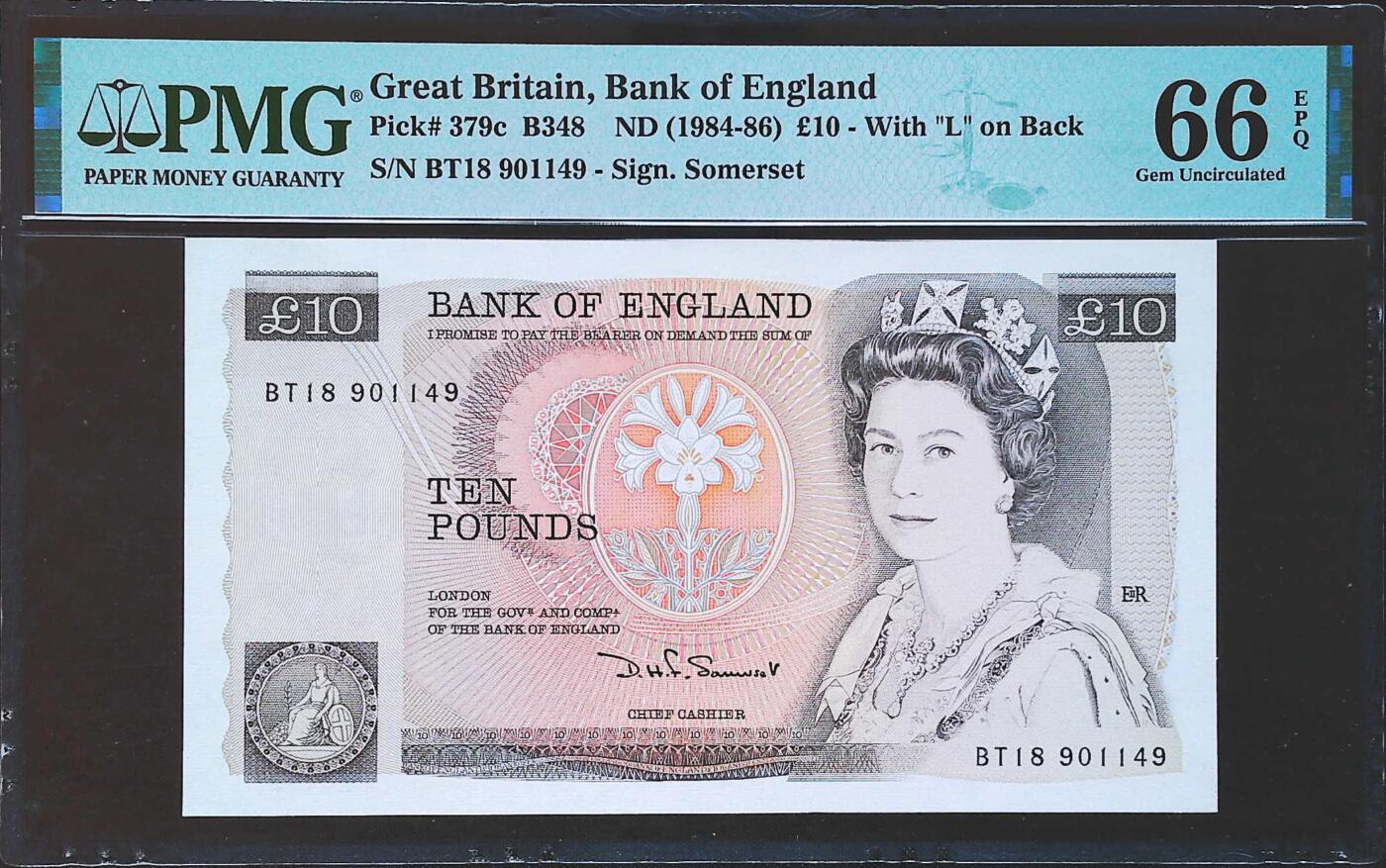 世界靓号纸钞第七十九期 1984-86年英国英格兰银行10镑 D序列英镑 PMG66