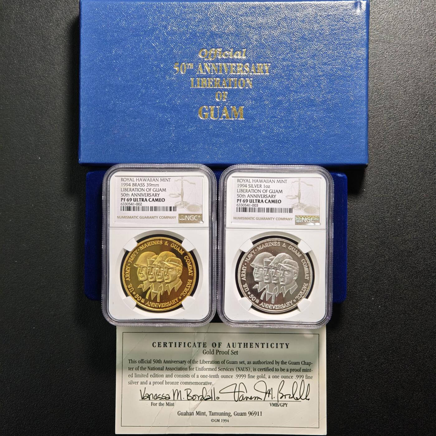【德藏】世界币章拍卖第159期(元旦专场拍卖) 1994年 美国关岛解放50周年纪念精制铜章及银章 NGC PF69UC 原盒 原证书
