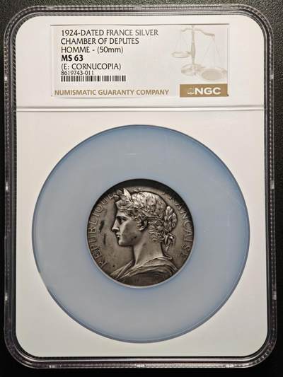 【德藏】世界币章拍卖第159期(元旦专场拍卖) - 1924年 法国众议院女神50mm纪念大银章 NGC MS63 立体感十足 磨砂质感 细节丰富
