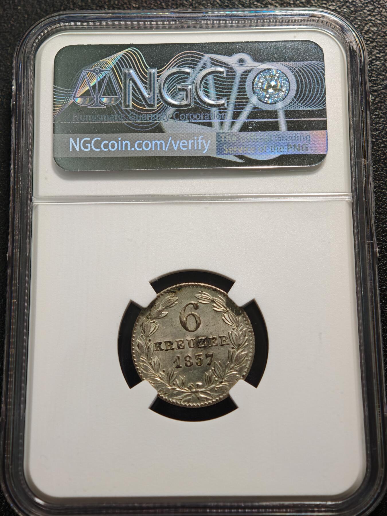 【德藏】世界币章拍卖第159期(元旦专场拍卖) 1837年 德国拿骚公国6克罗伊泽银币 NGC MS65 图案清晰 状态极佳