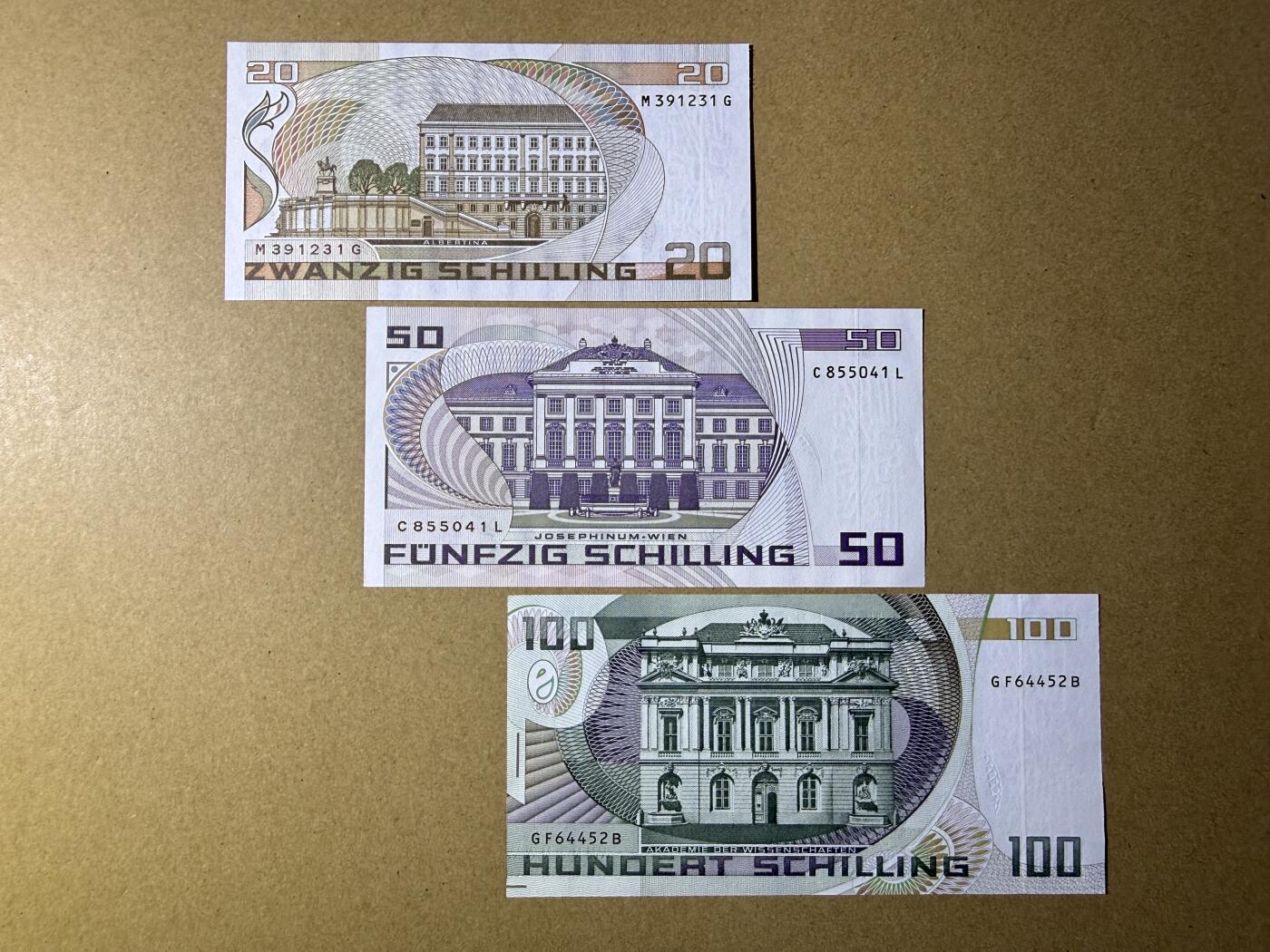 《艾美收藏》第226期-12.28周日外币精品场-蛇年收官 奥地利20、50、100先令3张 UNC 末版