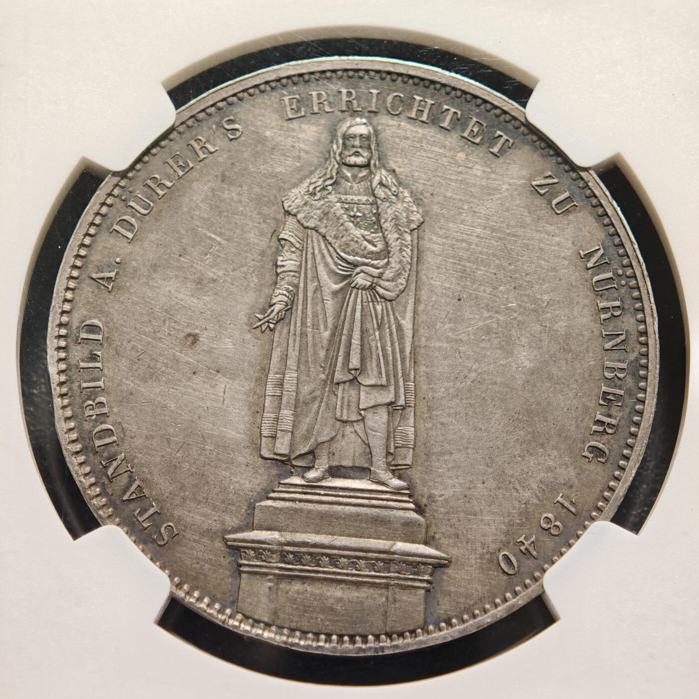 【德藏】世界币章拍卖第159期(元旦专场拍卖) 1840年 德国巴伐利亚路德维希一世丢勒雕像在纽伦堡落成2泰勒纪念大银币 NGC UNC 状态安逸