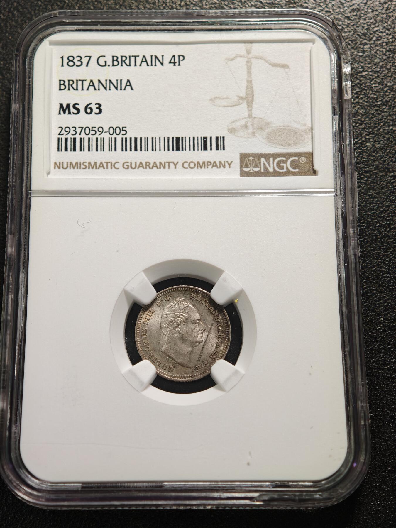 【德藏】世界币章拍卖第159期(元旦专场拍卖) 1837年 英国威廉四世4便士银币 NGC MS63 环彩包浆 图案立体感强