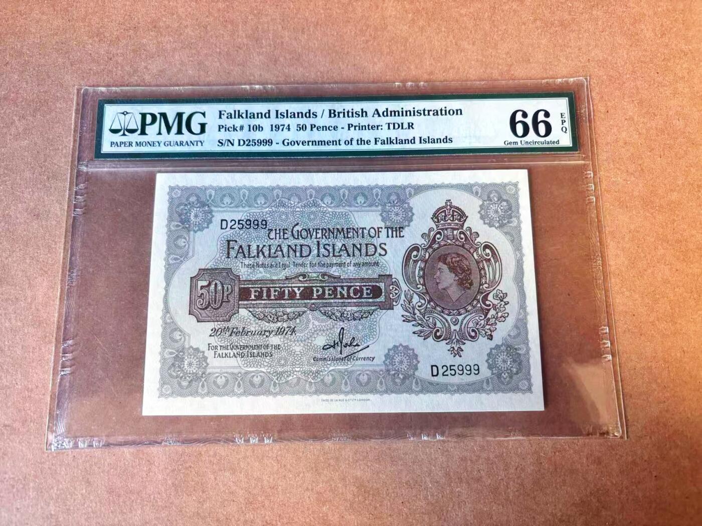 【Blue Auction】世界纸币精拍第769期——18级TOP拍卖/信誉/品质/专业/高效💫 【999豹子号无47】福克兰群岛 1974年50便士 女王 PMG66EPQ 