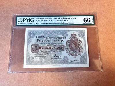 【Blue Auction】世界纸币精拍第769期——18级TOP拍卖/信誉/品质/专业/高效💫 - 【999豹子号无47】福克兰群岛 1974年50便士 女王 PMG66EPQ 