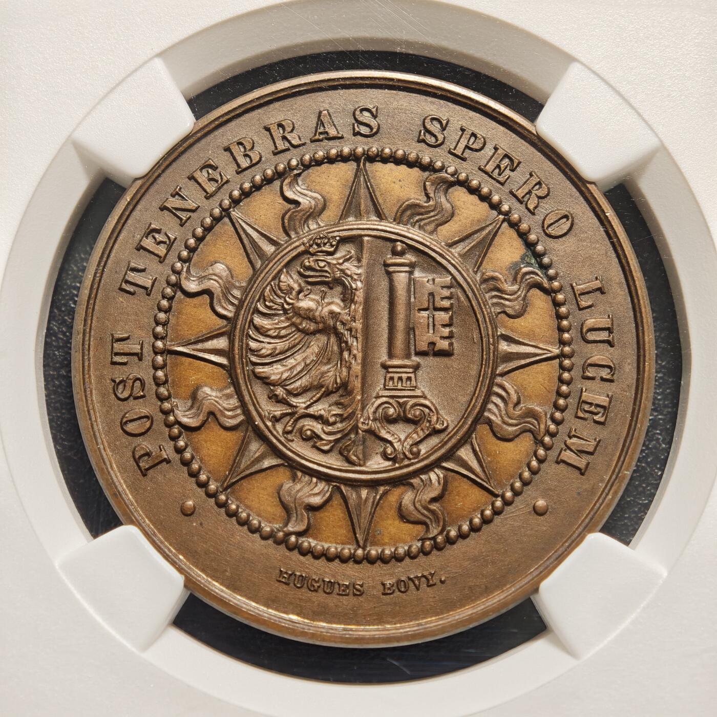 【德藏】世界币章拍卖第159期(元旦专场拍卖) 1886年 瑞士日内瓦市议会决议会议纪念铜章 NGC MS65BN 细节立体 包浆温润