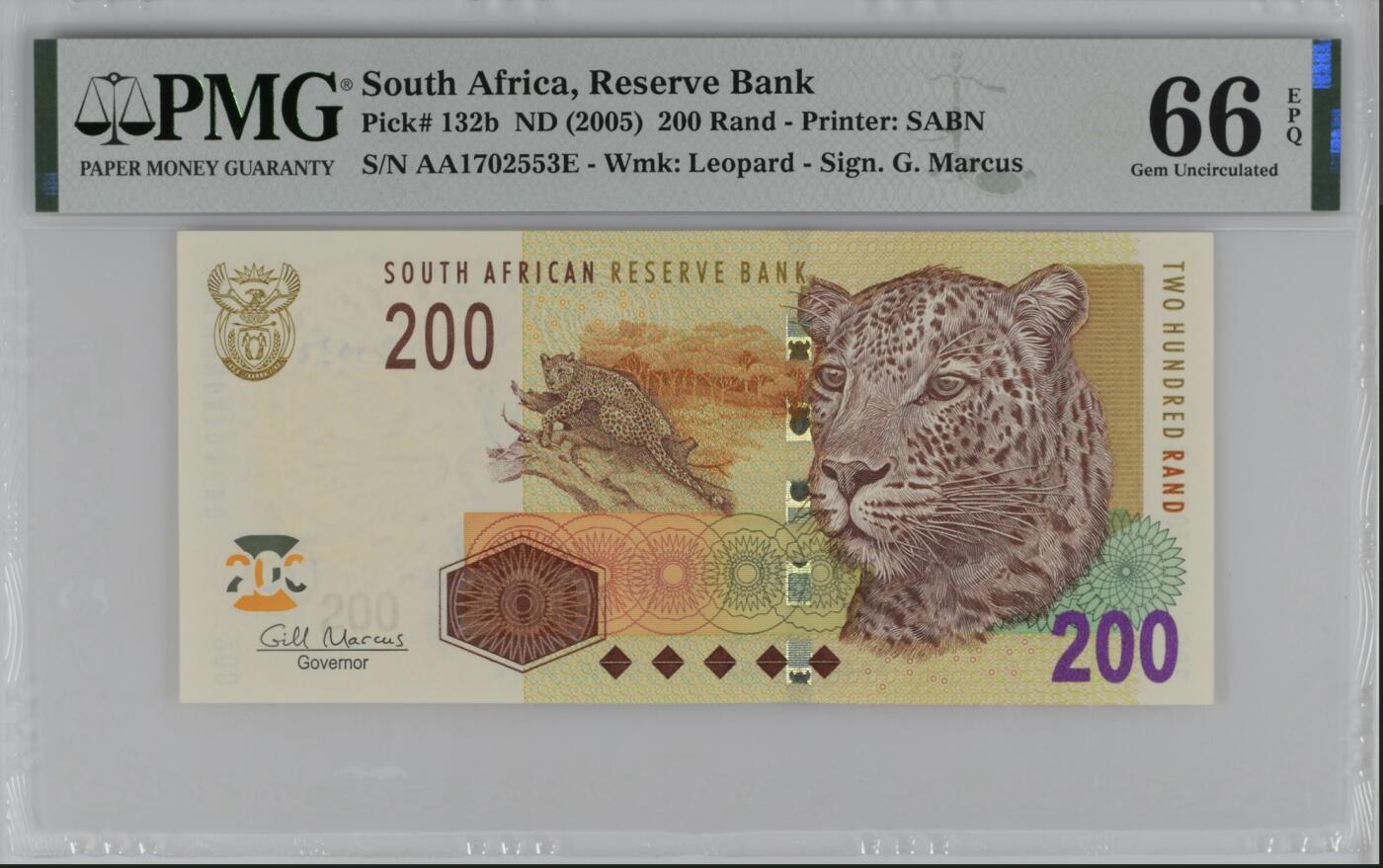 《艾美收藏》第226期-12.28周日外币精品场-蛇年收官 南非2005年200兰特，pmg66，号码无4, 该版本发行后不久即换版，只有AA冠，数量稀少，稀有签名
