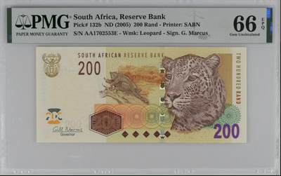 《艾美收藏》第226期-12.28周日外币精品场-蛇年收官 - 南非2005年200兰特，pmg66，号码无4, 该版本发行后不久即换版，只有AA冠，数量稀少，稀有签名