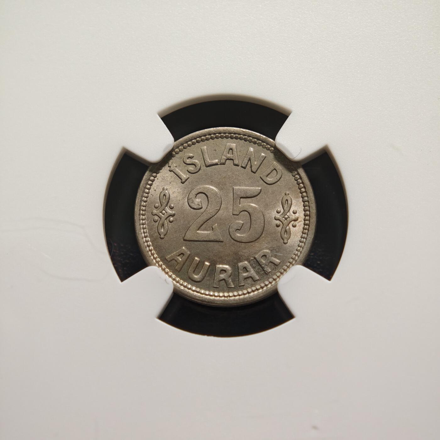 【德藏】世界币章拍卖第159期(元旦专场拍卖) 1937年 冰岛25奥拉镍币 NGC MS65 转光十足