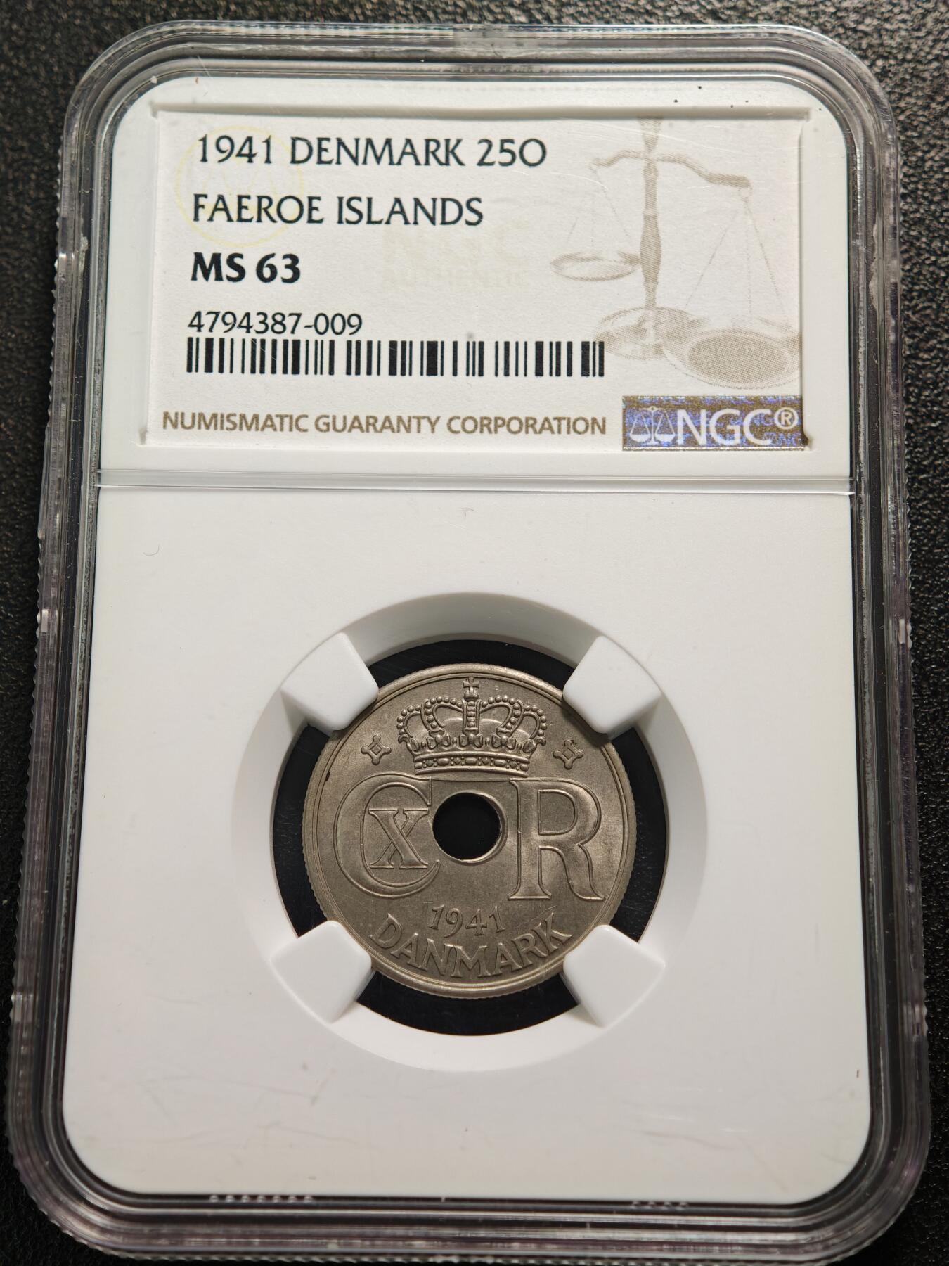 【德藏】世界币章拍卖第159期(元旦专场拍卖) 1941年 丹麦25欧尔镍币 NGC MS63 淡黄油包浆