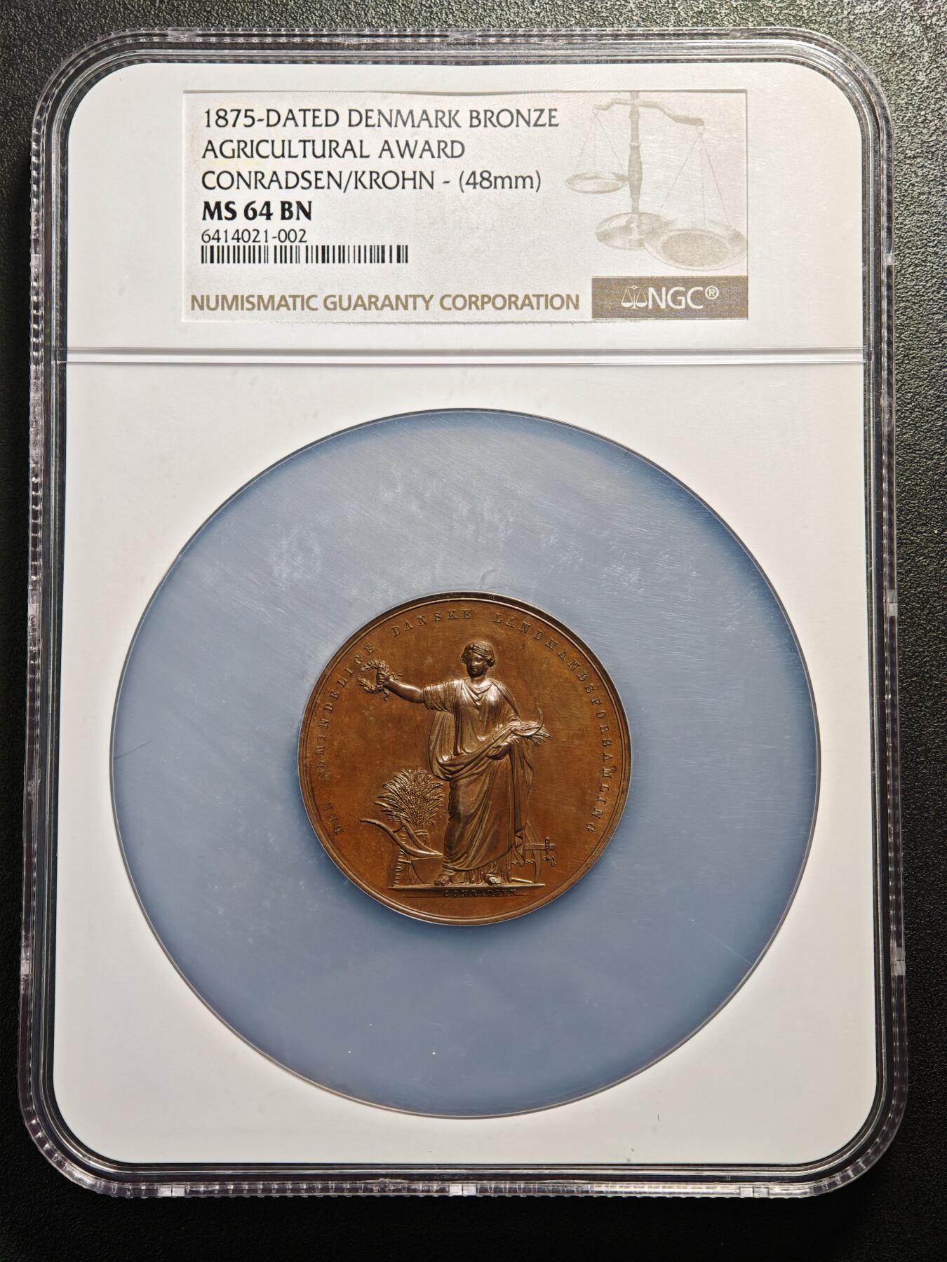 【德藏】世界币章拍卖第159期(元旦专场拍卖) 1875年 丹麦维堡全国农民代表大会48mm纪念大铜章 NGC MS64BN 立体感极强