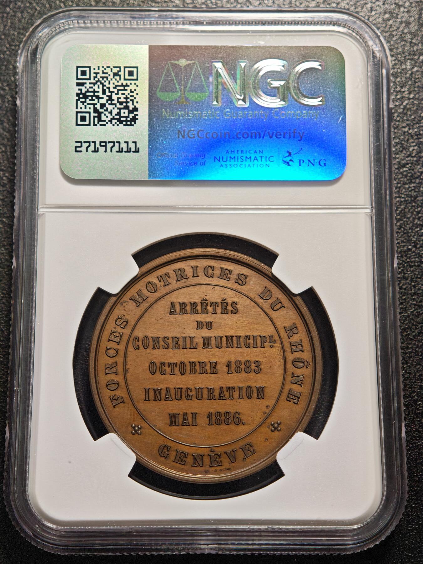 【德藏】世界币章拍卖第159期(元旦专场拍卖) 1886年 瑞士日内瓦市议会决议会议纪念铜章 NGC MS65BN 细节立体 包浆温润