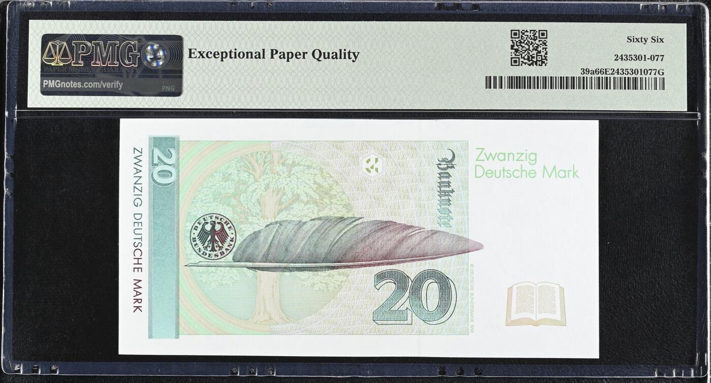 《艾美收藏》第226期-12.28周日外币精品场-蛇年收官 德国20马克 PMG66E 1991年 AA冠