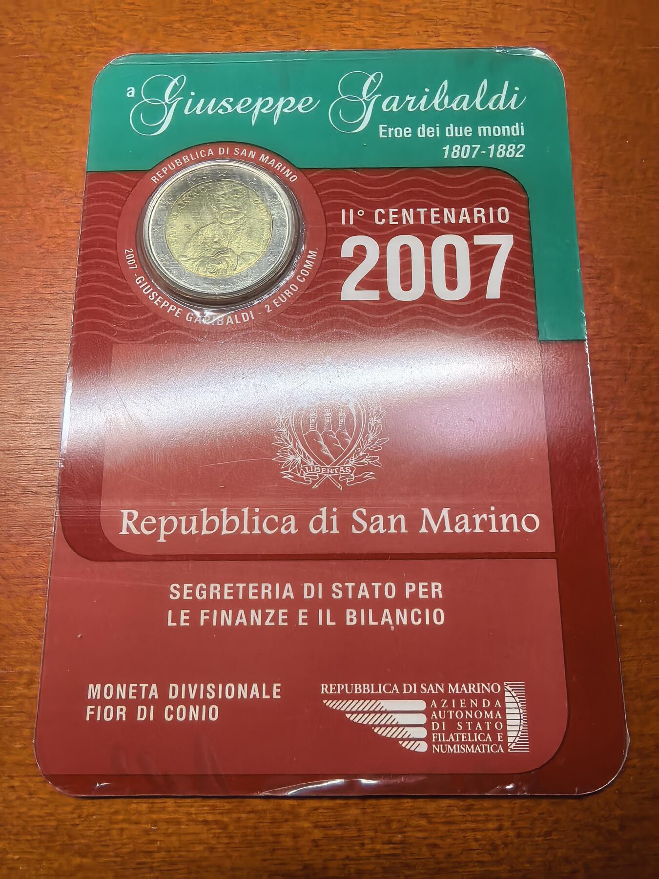 长老汇蛇年精选第八十八场拍卖 2007圣马力诺加里波第诞辰200周年2欧元双金属币卡装，克书标价75美金
