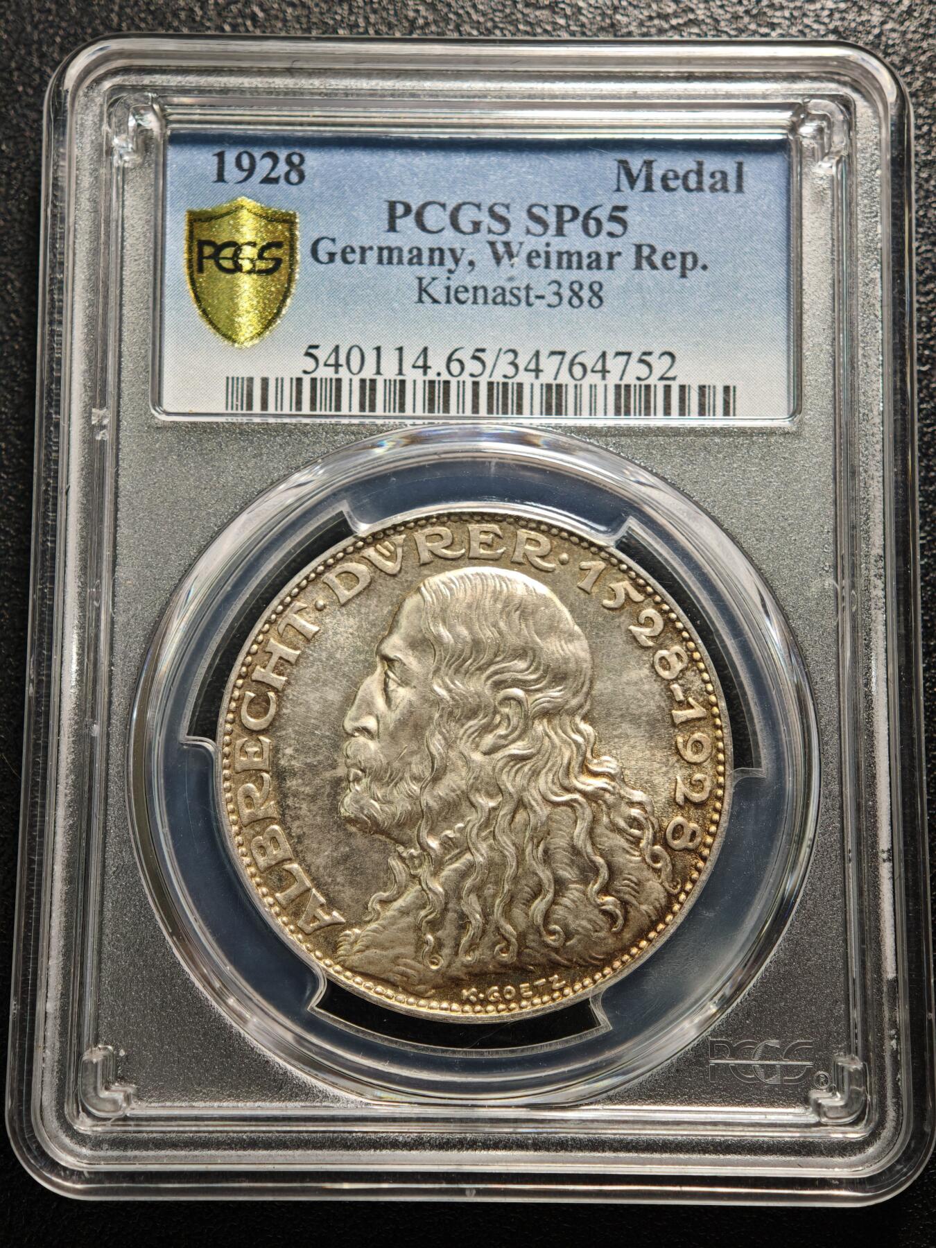 【德藏】世界币章拍卖第159期(元旦专场拍卖) 1928年 德国艺术大师丢勒天使纪念银章 名家卡尔歌茨作品 PCGS SP65 淡黄油包浆 经典品种