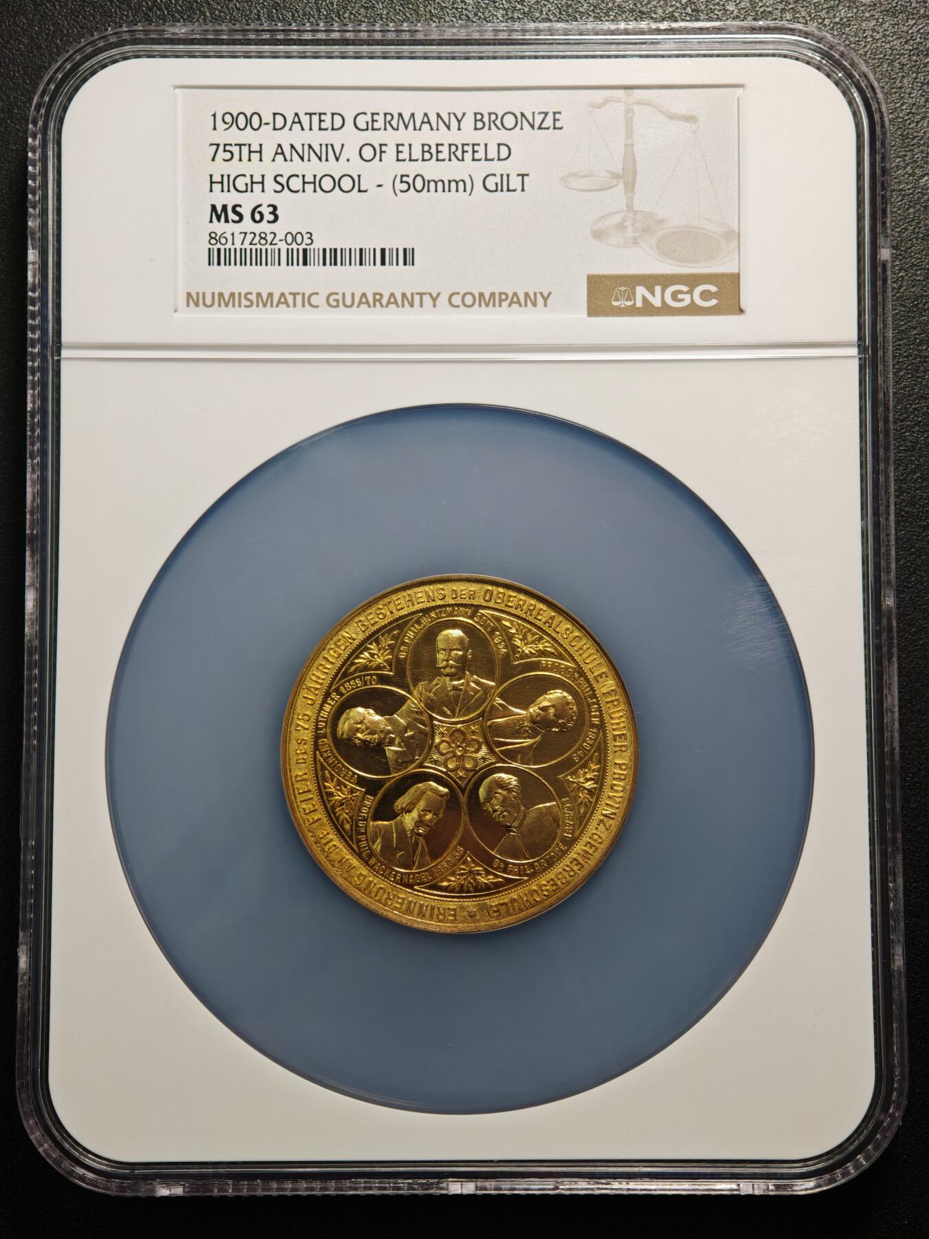 【德藏】世界币章拍卖第159期(元旦专场拍卖) 1900年 德国埃尔伯费尔德高等实科中学建校75周年50mm镀金纪念大铜章  NGC MS63 金水十足 类镜面底板