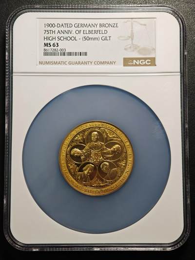 【德藏】世界币章拍卖第159期(元旦专场拍卖) - 1900年 德国埃尔伯费尔德高等实科中学建校75周年50mm镀金纪念大铜章  NGC MS63 金水十足 类镜面底板