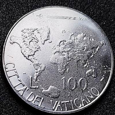 泉币菌-第156场-精品福利场 - 少见 原光极美 梵蒂冈1985年教皇约翰保罗二世100里拉合金钢币 世界地图 28MM