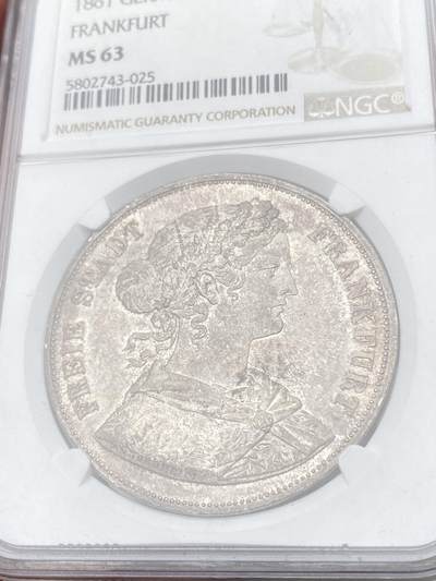 万国钱币拍卖第058期（万国新年大拍） NGC MS63 1861德国法兰克福自由市少女流通2泰勒 法兰城经典品种 原味纸袋包浆状态极其舒适