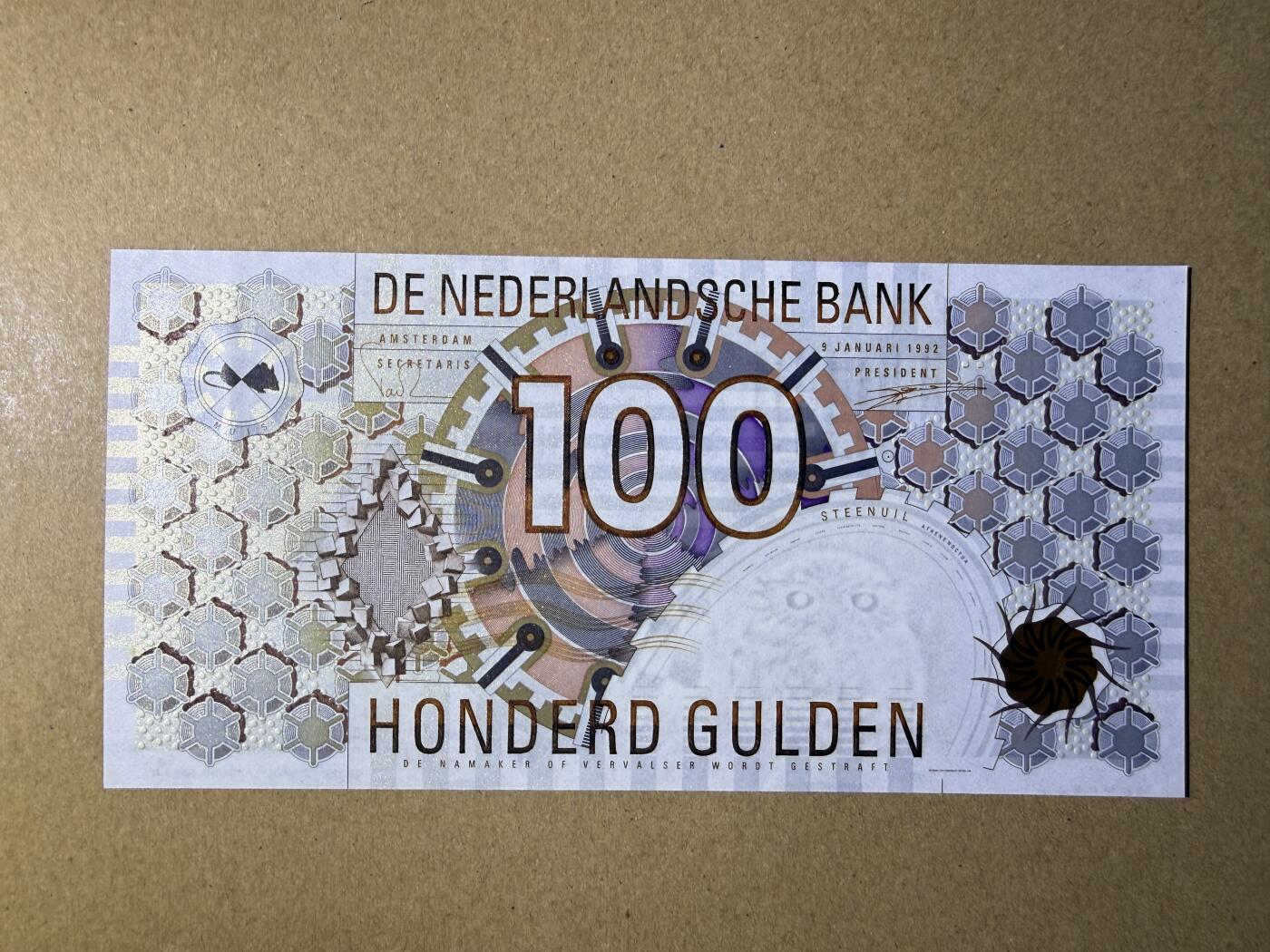 《艾美收藏》第226期-12.28周日外币精品场-蛇年收官 荷兰100盾 UNC 1992年齿轮版