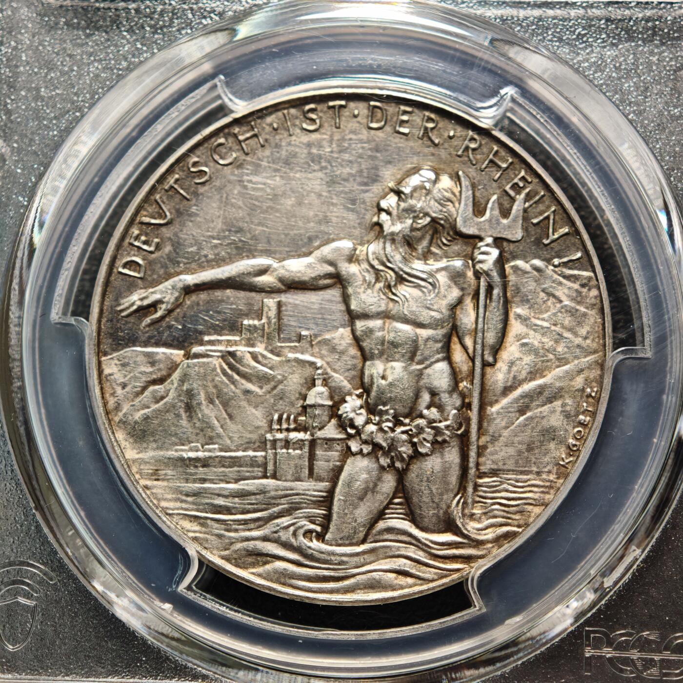 【德藏】世界币章拍卖第159期(元旦专场拍卖) 1930年 德国莱茵解放海神银章 名家卡尔歌茨作品 PCGS SP63 类镜面底板 品相极佳