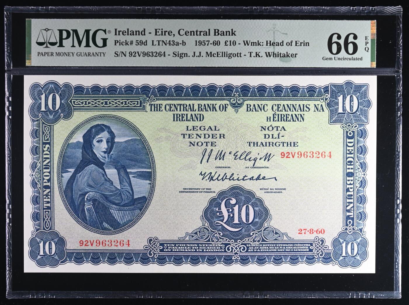 🐍甜小邱世界纸币收藏🐍第138期精品场💐 亚军分！PMG66 爱尔兰 10镑 早期版本 1957-60 拉弗蕾夫人