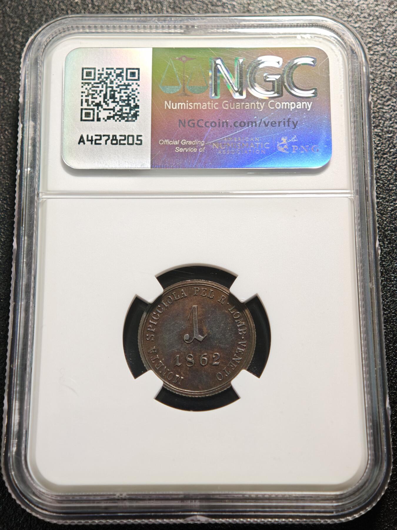 【德藏】世界币章拍卖第159期(元旦专场拍卖) 1862年 奥地利帝国统治伦巴第威尼托地区1斯皮乔拉铜币 NGC MS62BN 状态极佳