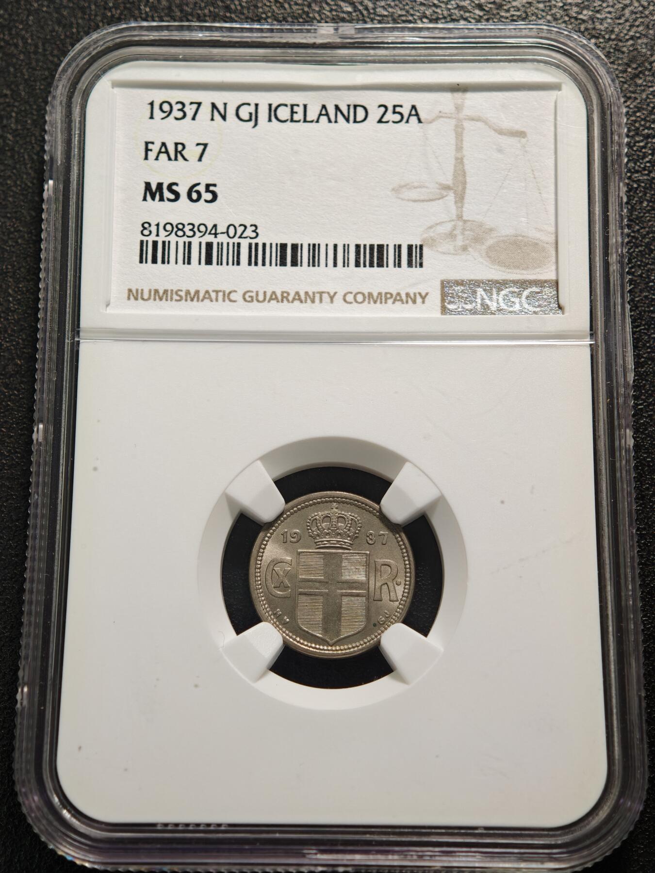 【德藏】世界币章拍卖第159期(元旦专场拍卖) 1937年 冰岛25奥拉镍币 NGC MS65 转光十足