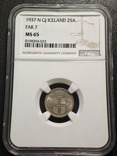 【德藏】世界币章拍卖第159期(元旦专场拍卖) - 1937年 冰岛25奥拉镍币 NGC MS65 转光十足