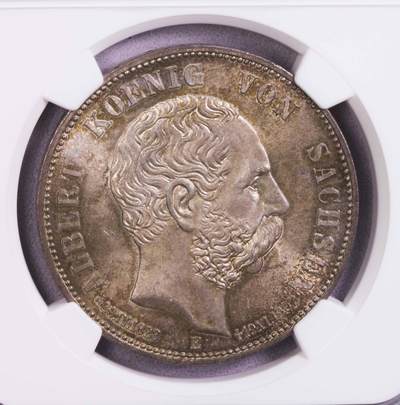 NGC-MS65 1902萨克森阿尔伯特逝世5马克极品五彩包浆 - NGC-MS65 1902萨克森阿尔伯特逝世5马克极品五彩包浆