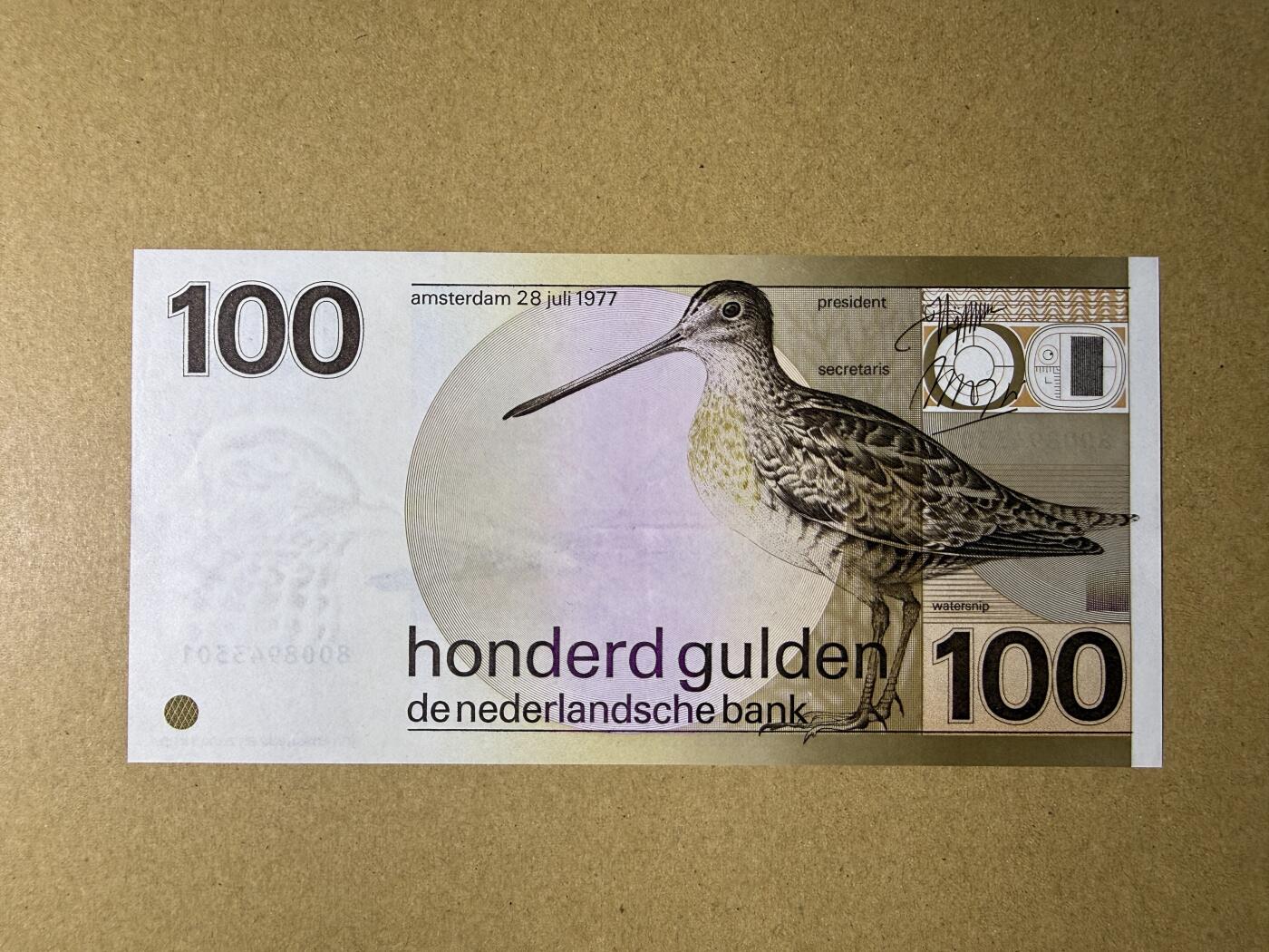 《艾美收藏》第226期-12.28周日外币精品场-蛇年收官 荷兰100盾 UNC 1977年经典水鸟
