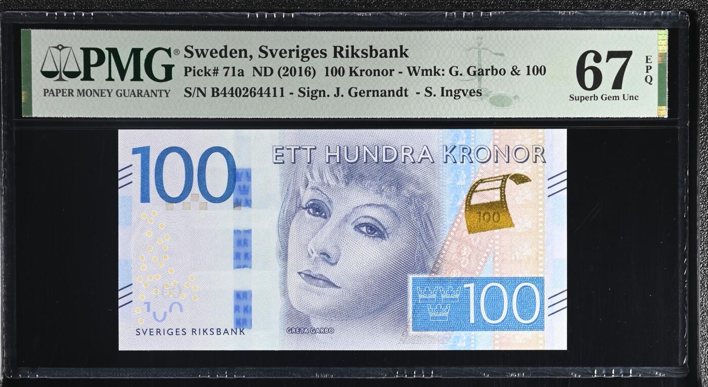 🐍甜小邱世界纸币收藏🐍第138期精品场💐 稀少首发冠B a版 亚军分！ PMG67 瑞典 100克朗 奥斯卡影后 葛丽泰嘉宝 2016