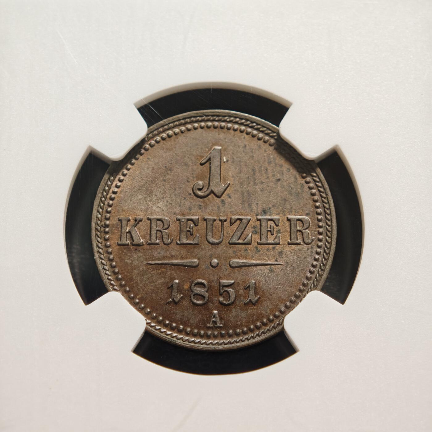 【德藏】世界币章拍卖第159期(元旦专场拍卖) 1851年 奥地利帝国1克罗伊泽铜币 NGC MS62BN 状态极佳