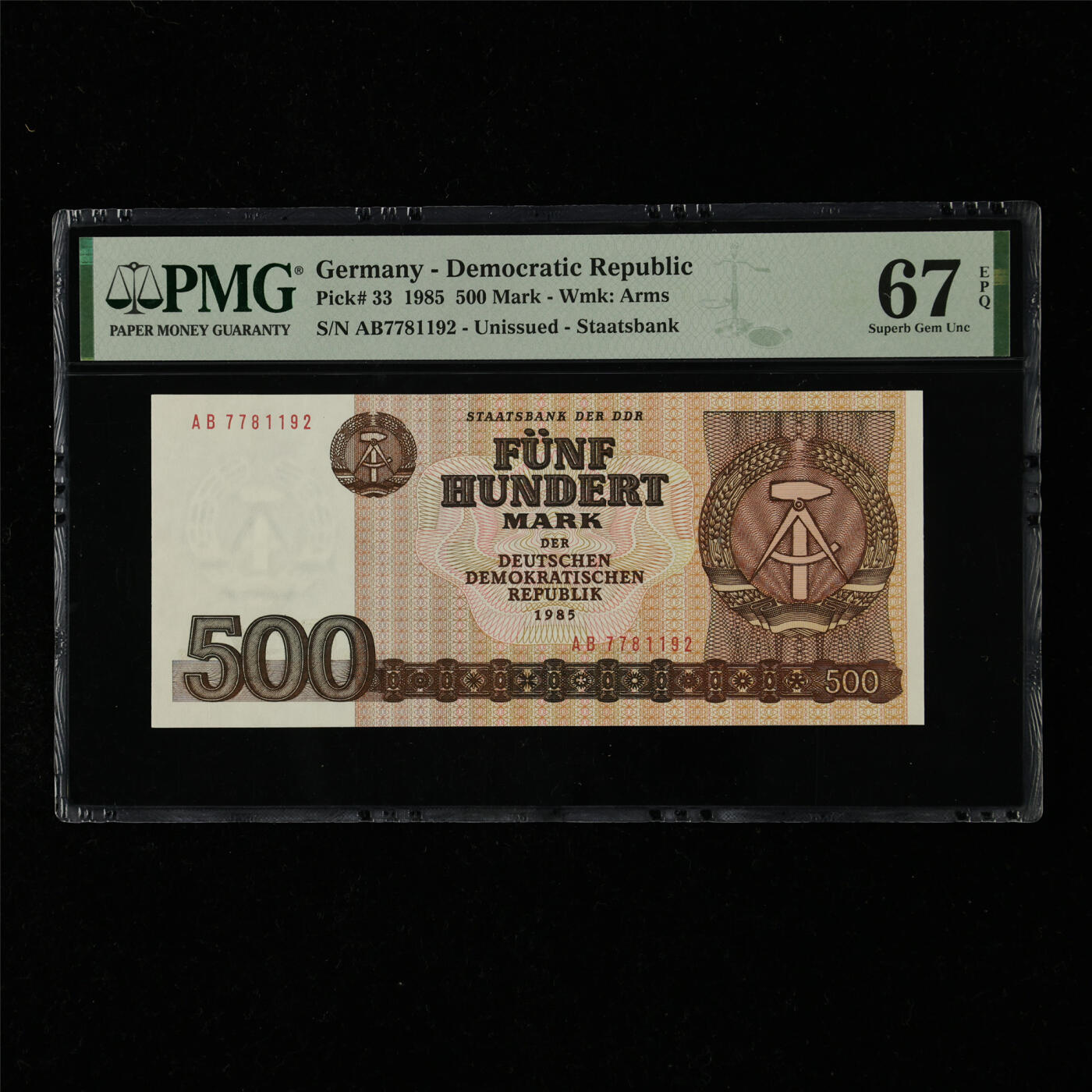 【亘邦集藏】第218期拍卖 1985年 德国500马克 PMG 67EPQ AB7781192