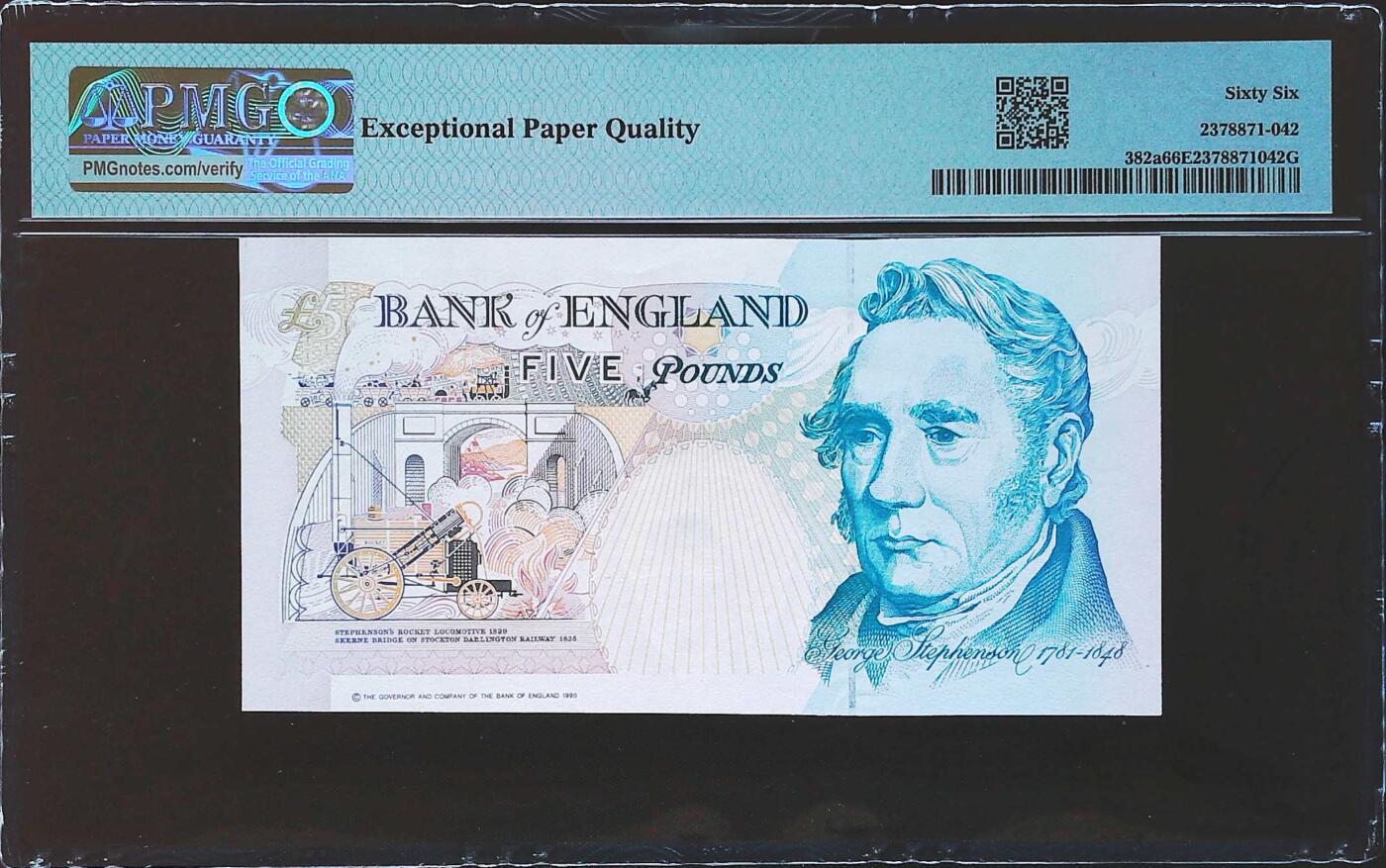 世界靓号纸钞第七十九期 1990年英国英格兰银行5镑 E序列 PMG66