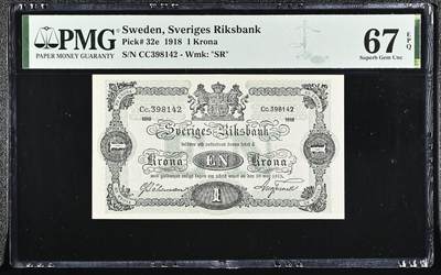 🐍甜小邱世界纸币收藏🐍第138期精品场💐 - 唯一冠军分！PMG67 瑞典 1克朗 1918