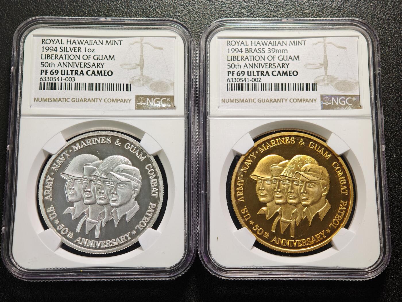 【德藏】世界币章拍卖第159期(元旦专场拍卖) 1994年 美国关岛解放50周年纪念精制铜章及银章 NGC PF69UC 原盒 原证书