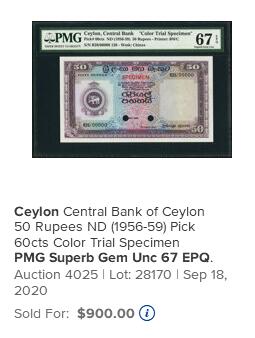 【Blue Auction】世界纸币精拍第769期——18级TOP拍卖/信誉/品质/专业/高效💫 【唯一冠军分 试色样票如此高分珍罕 该套筋票】锡兰 1956-59年50卢比 BWC出品 PMG68EPQ超高分 该面值实钞好品极少见为该套最难找到的 设计非常漂亮 背面古城波隆纳鲁沃象征生死轮回和通往自由道路的月亮石 （67分5年前都拍了900美金 这张68分唯一冠军分价值可想而知）