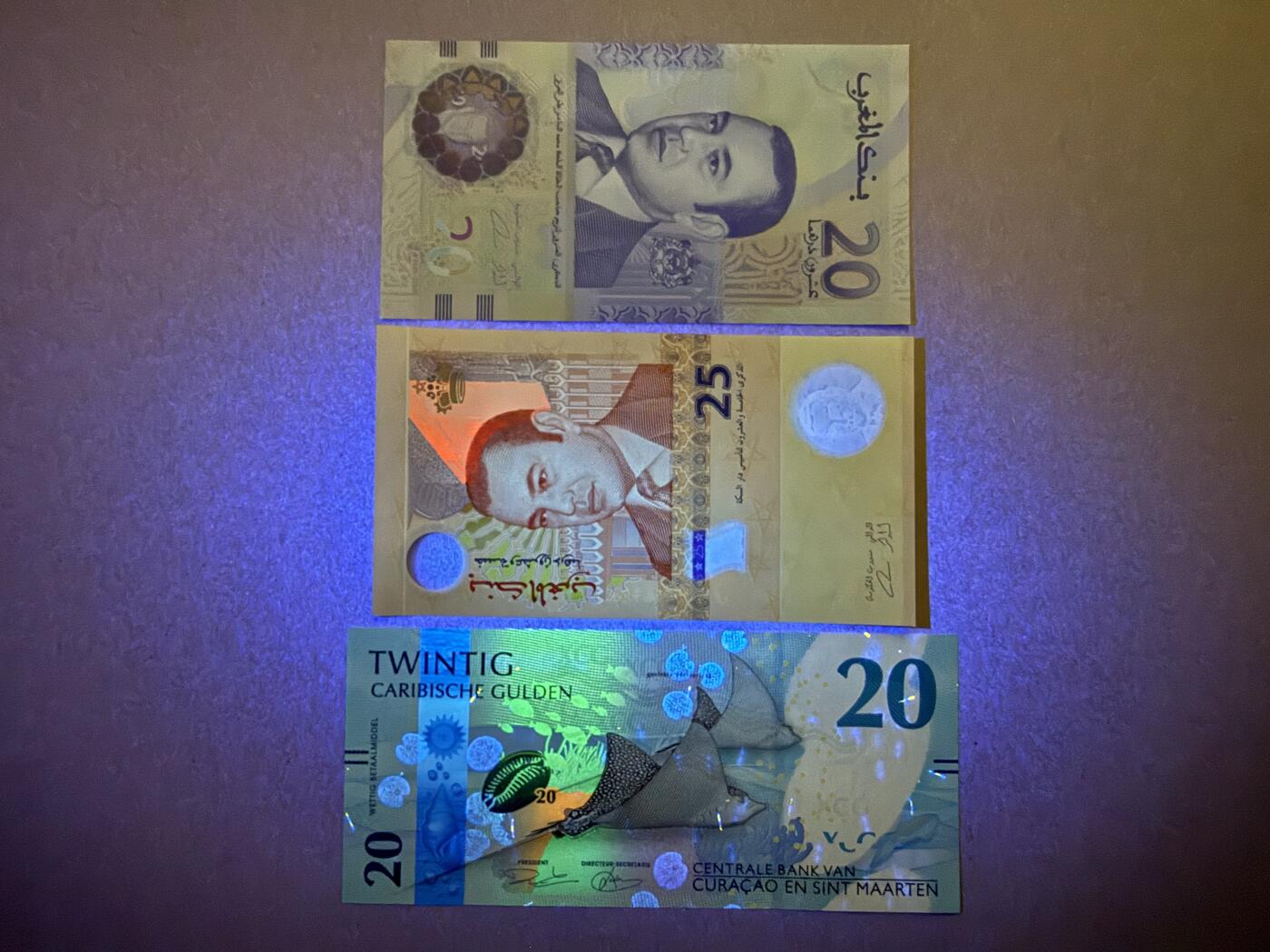 《艾美收藏》第226期-12.28周日外币精品场-蛇年收官 摩洛哥20、25迪拉姆2张纪念钞+库拉索和圣马丁20盾 2025年版 UNC