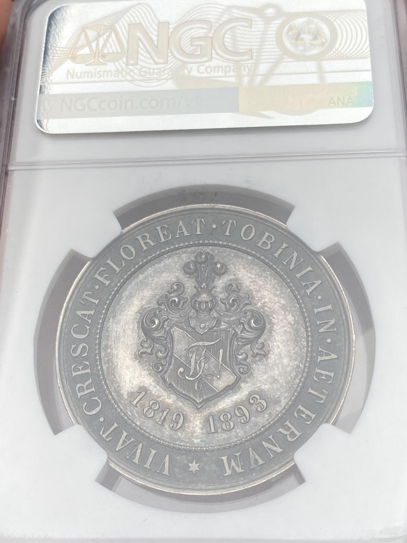 万国钱币拍卖第058期（万国新年大拍） NGC MS62 1893年瑞士索芬根学生联合会成立75周年纪念大银章 正面市政厅景观 背面学生协会盾徽 少见品种原味天鹅绒彩 36MM