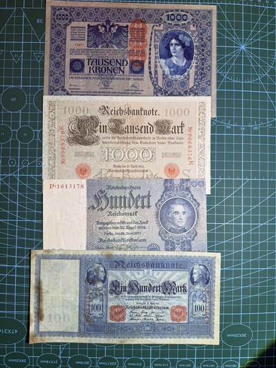 【炜奕收藏】，第五十四期，本场佣金已改，请大家注意 - 大票幅奥地利德国老钞共4张，品相如图