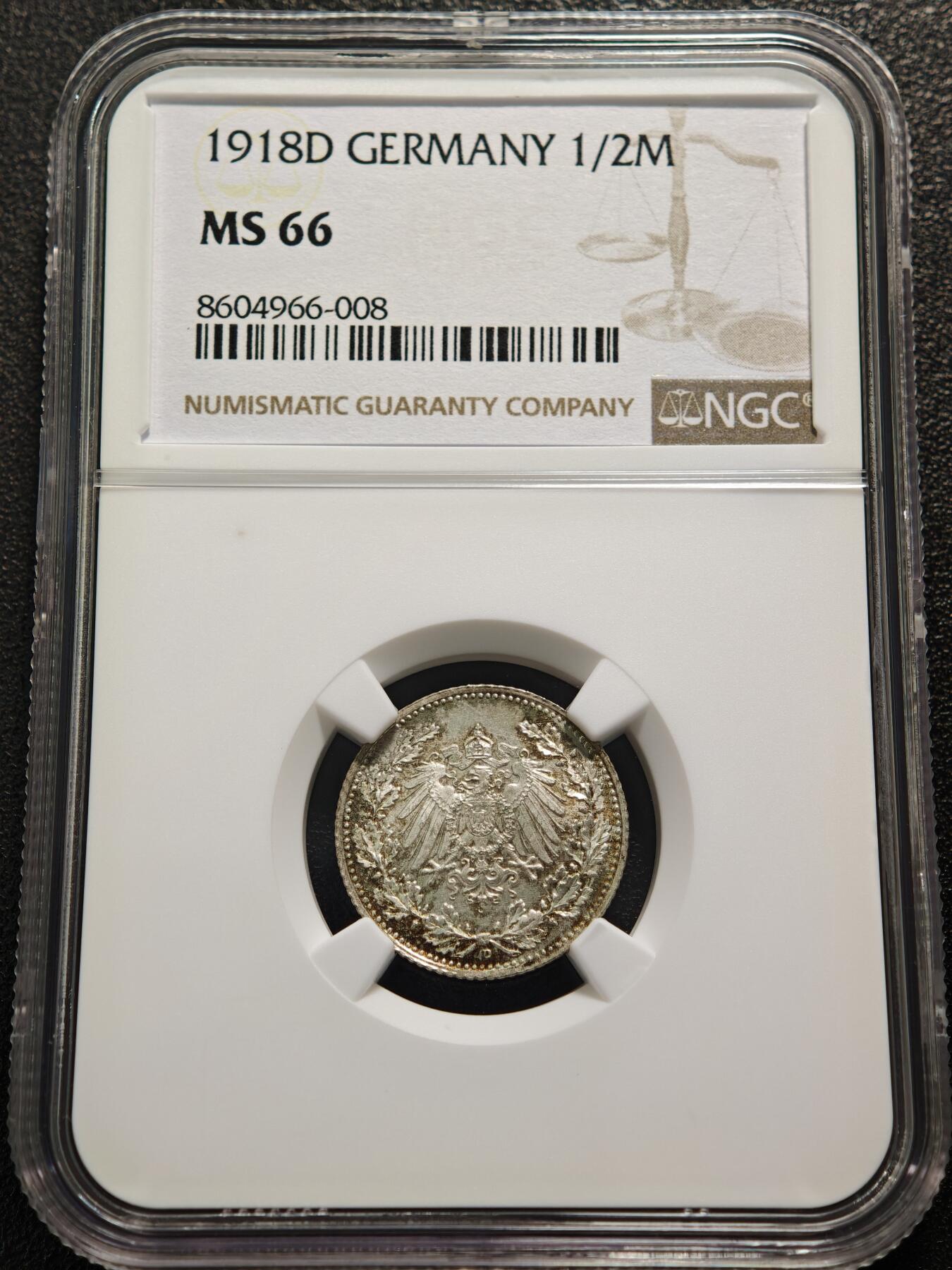 【德藏】世界币章拍卖第159期(元旦专场拍卖) 1918年 德国1/2马克银币 NGC MS66 五彩包浆 状态极佳